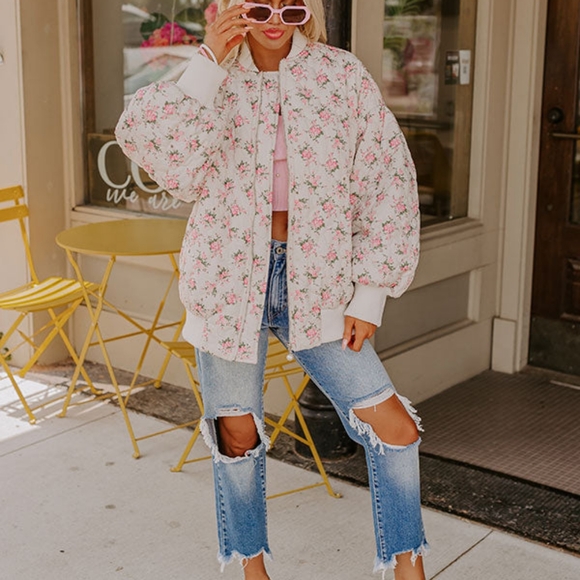 NWOT Small Oversized Floral Quilted Bomber Jacket Coat Coquette Cream Ivory Boho - Picture 2 of 9